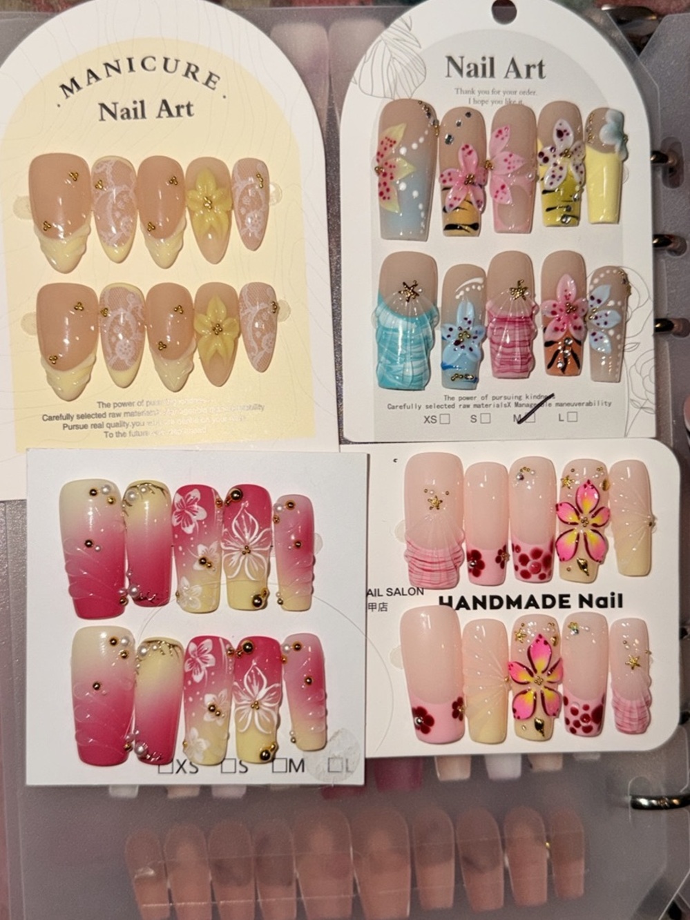 Handmade Floral Press-On Nail Sets — Pink, Nude, Yellow, Blue